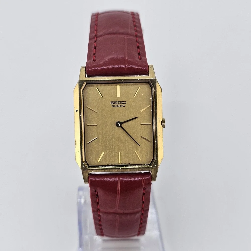 VTG Seiko Tank Women Watch 26MM Gold Dial NEW Red Leather Bands NEW Battery